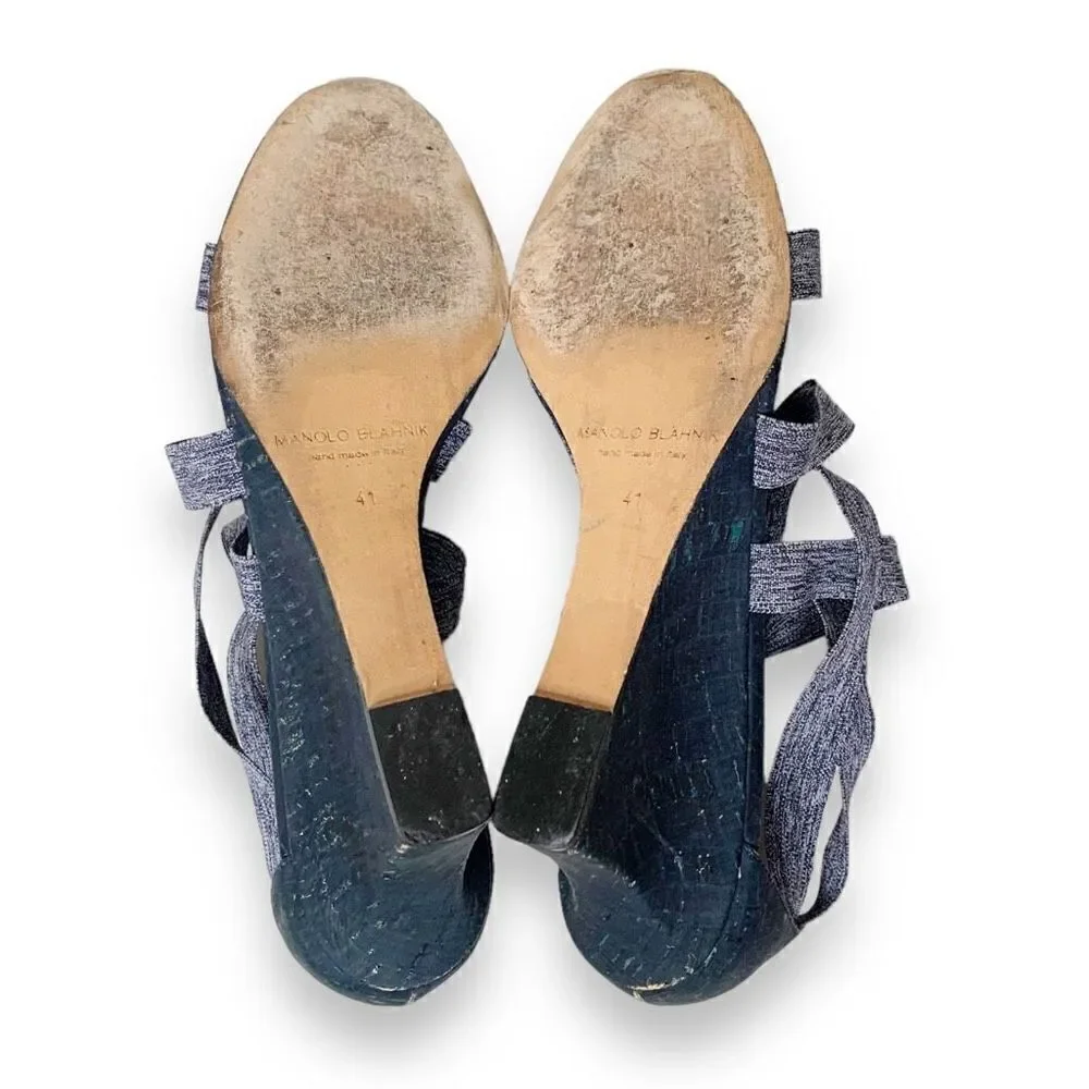 Manolo Blahnik Glassa Crisscross Wedge Sandal, Blue Denim Women’s Sz 41 -US 10.5